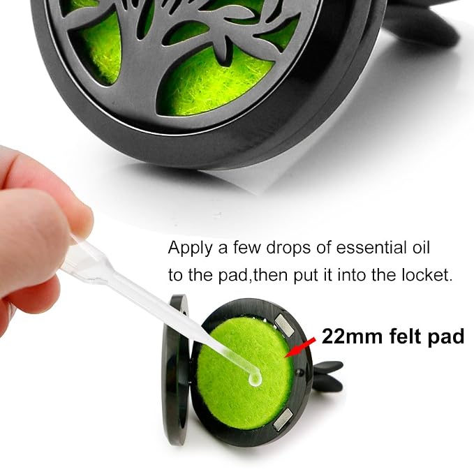 RoyAroma 2PCS Tree of Life Car Diffuser Aromatherapy Essential Oil Black Stainless Steel Locket with Vent Clip 12 Felt Pads