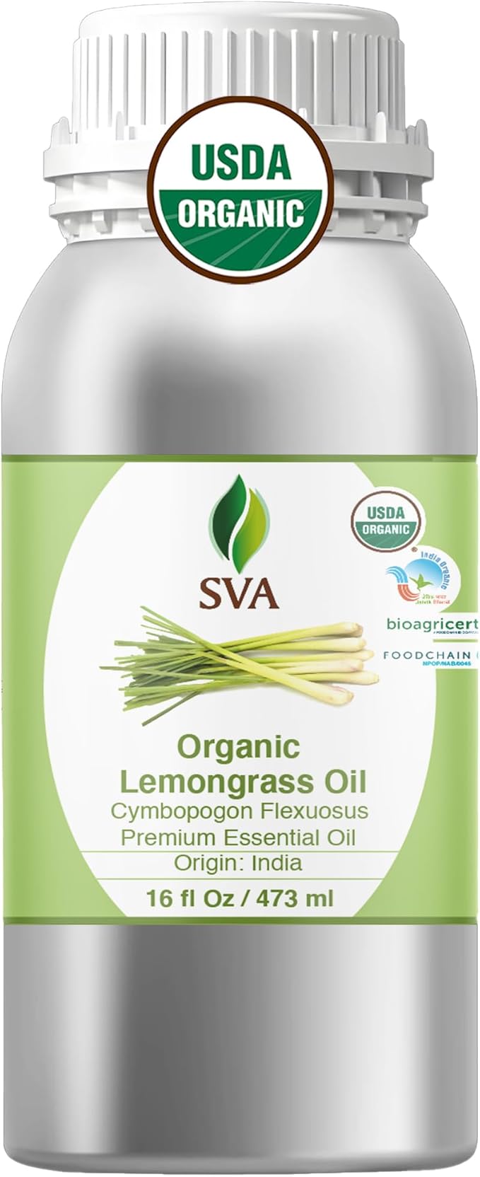 SVA Lemongrass Essential Oil Organic – 16 Fl Oz – 100% Natural Organic Lemongrass Oil for Hair, Face, Skin Care, Diffuser, Aromatherapy, Scalp, Body Massage, Soap and Candle Making