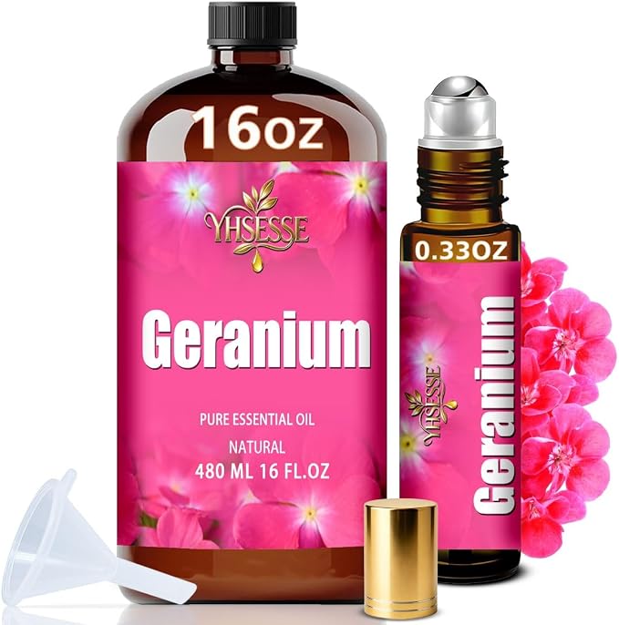 Geranium Essential Oil, Geranium Oil 16 Fl Oz 480ml for Diffuser Yoga Soap & Candle Making – with 0.33 Oz Roller Ball & Funnel YHSESSE Essential Oils