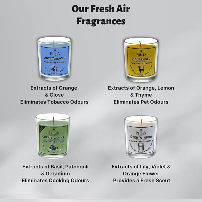 Price's - Anti-Tobacco Tin Candles - Odour Eliminating - Made with Orange and Clove Extracts - Clean, Fresh, Quality Fragrance - Long Lasting Scent