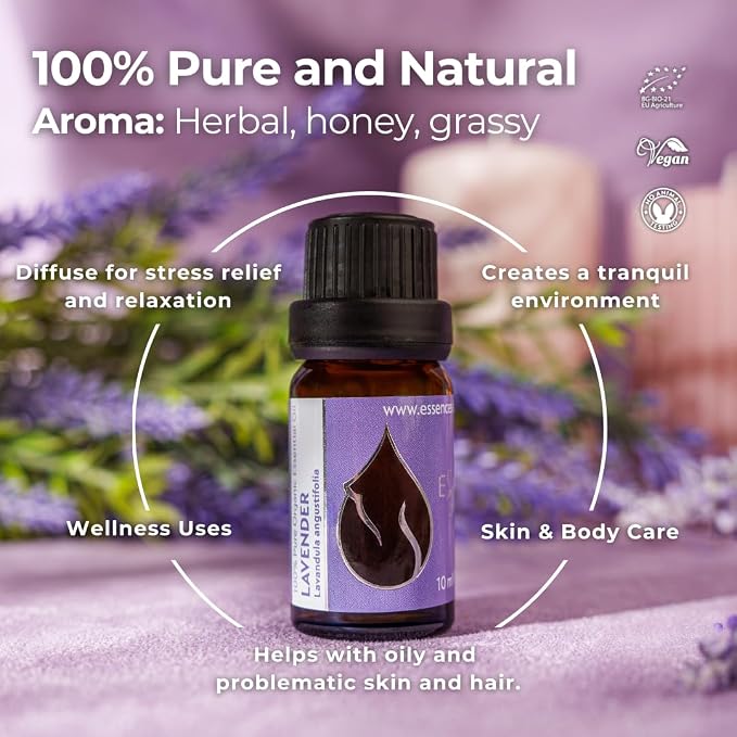 Essences Bulgaria Organic Lavender Essential Oil 1/3 Fl Oz | 10ml | Lavandula angustifolia | 100% Pure and Natural | Undiluted | Therapeutic Grade | Family Owned Farm | Steam-Distilled | Non-GMO