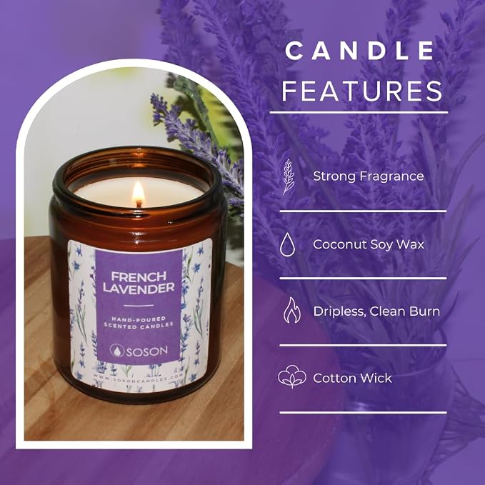 Simply Soson 9 oz Lavender Scented Candle for Home - Amber Glass Jar - 50 Hour Long Lasting Candles - Scented Candles Gifts Set for Birthday, Valentine, Anniversary, Dinner, Parties