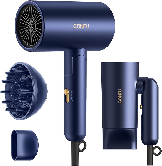 CONFU Diffuser Hair Dryer for Curly Hair,1500W Fast Drying Blow Dryer with Diffuser for Women,Compact & Portable Negative Ion Hairdryer,Mini and Foldable Blowdryer Design for Travel(Blue)