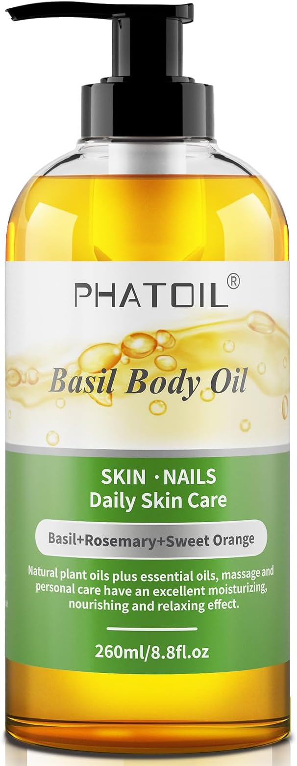 PHATOIL Basil Body Oil with Pump, 260 ml (8.8 fl.oz) Multi-Purpose Massage Oil Basil Oil, Blends of Natural Plant Oils and Essential Oils, Great for Skin Care, Body Oils for Women and Men