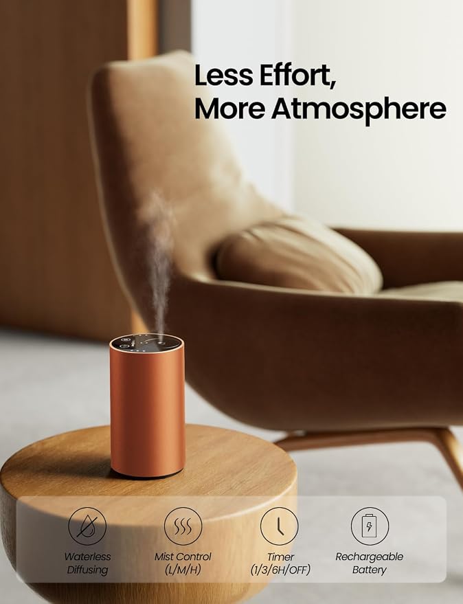 Waterless Essential Oil Diffuser, Rechargeable Scent Diffusers with 3 Mist Levels & Timers, Portable Aromatherapy Diffuser for Home Car Room Studio Office, Cosmic Orange
