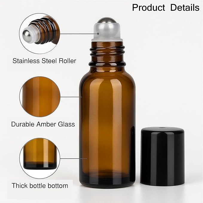 6 Packs 30ml/1Oz Amber Glass Roller Bottles with Black Caps Refillable Essential Oil Roll On Bottles Perfume Roller Containers for Aromatherapy, DIY Blends, Essential Oils