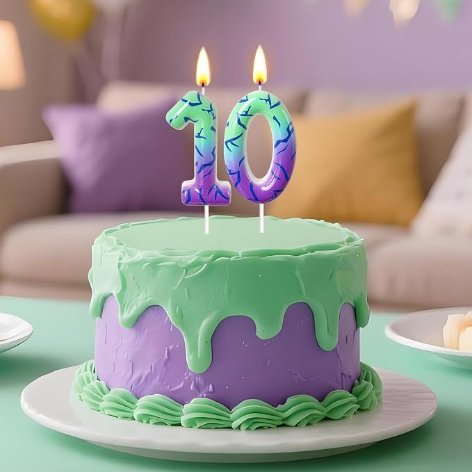Number 10 Birthday Candle for Cake – Purple Green Gradient Number Candle with Mystic Rune Pattern, Decorative Cake Topper for Anniversary & Celebration