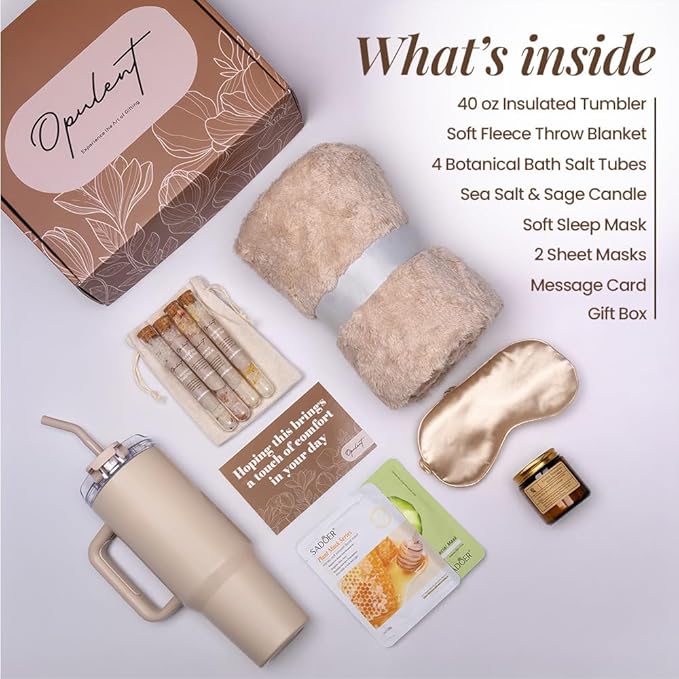 Opulent Luxury Self Care Gift Package for Women, 40oz Tumbler, Cozy Blanket | Gift-Ready Spa Set for Get Well, Thinking of You & Corporate Gifts for Employees & Clients - Candle, Bath Salts & Sleep Mask