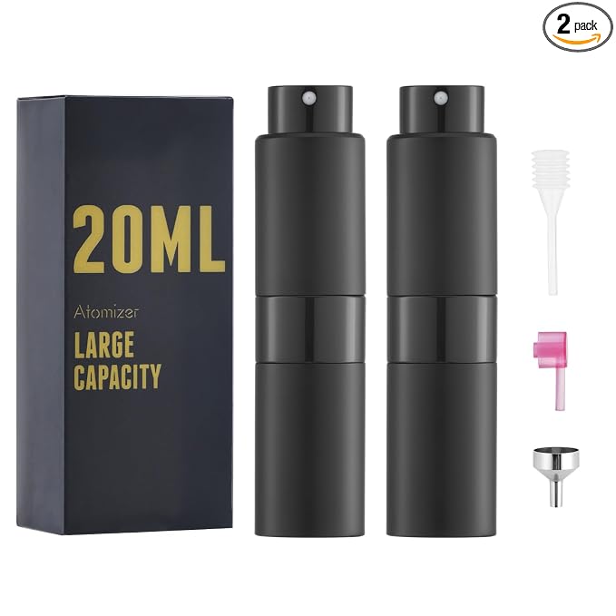 Cologne Travel Bottle 20ml - Large Size Perfume Atomizer Refillable for Men - Pocket Empty Fragrance Sprayer for Refill - 0.67oz Portable Twist Spray Sample Container for Purse Black 2PCS