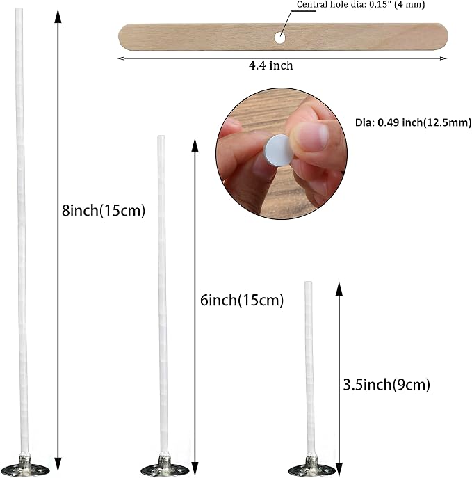 MILIVIXAY 300pcs Cotton Candle Wicks (3.5"/6"/8"), 300pcs Stickers, 6pcs Wooden Wick Holders - Candle Making Kit