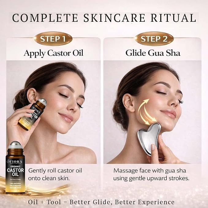 Organic Castor Oil Roll On & Stainless Steel Gua Sha Facial Tool – Metal Face Sculpting Tool, Cooling Gua Sha Oil Massage Set, Jawline Lift, Puffiness Care, Facial Oil Roller for Skin Routine