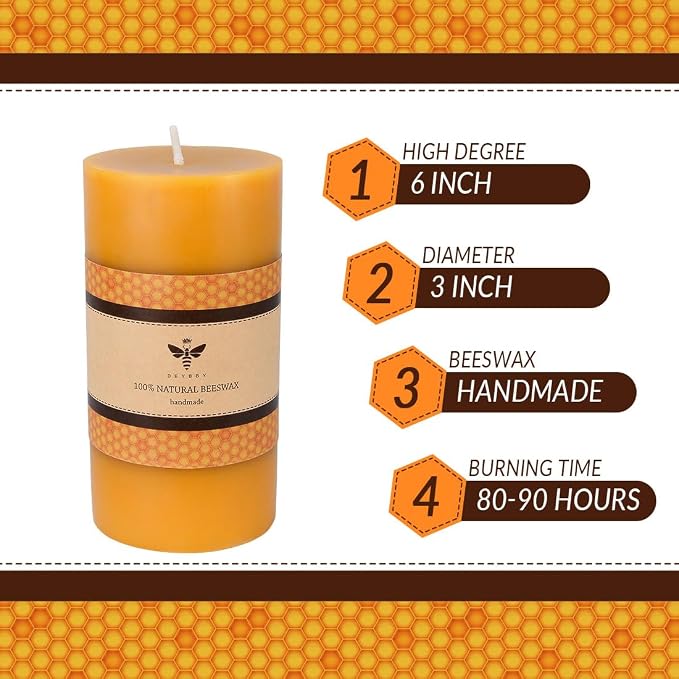 DEYBBY 3x6 inch Natural Beeswax Pillar Candle for Women, Smokeless Dripless Pure Organic Beeswax Candle with Natural Scent for Blackout Home Decoration Bath Relaxation（Yellow）