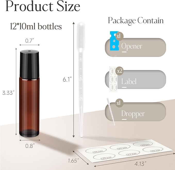 10ml Roller Bottles for Essential Oils, 12 Pack Glass Roll on Bottles, Refillable Perfume Bottle, with Stainless Steel Roller Balls, 2 Droppers, 1 Opener, Labels(Amber)