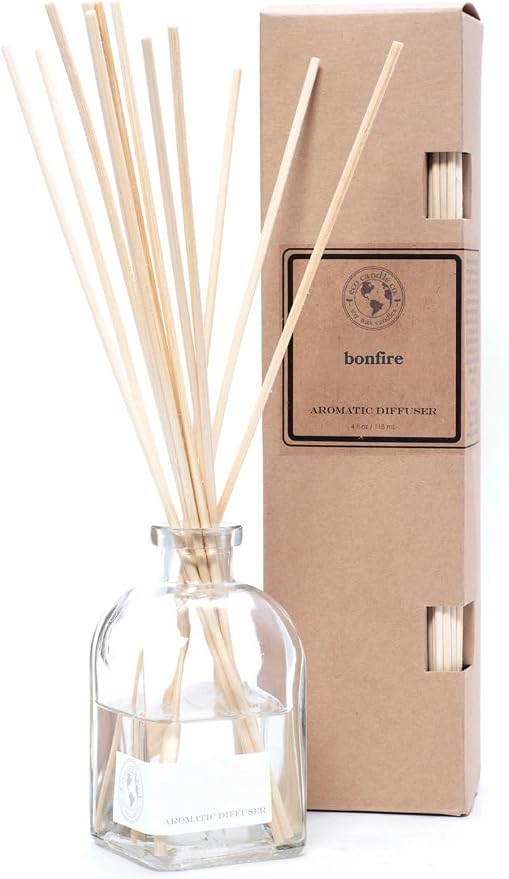ECO CANDLE CO. Reed Diffuser Set, Bonfire, 4 oz. - Scents of Smoldering Wood, Smoke, & Incense - Premium Phthalate Free Fragrance & Essential Oil Blends, 12 Reeds, Recycled Box