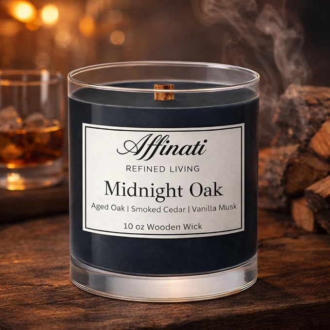 Affinati Midnight Oak Scented Candle, 10 oz Wooden Wick Tumbler Jar – Highly Fragrant Earthy Sophisticated Aromatherapy, Soy Wax Blend Gift