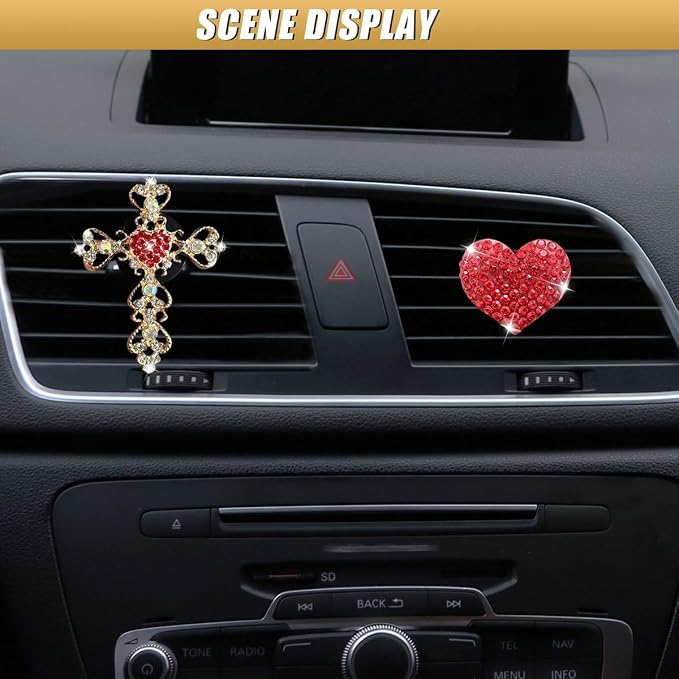 2PCS Bling Cross & Heart Car Dashboard Air Vent Trim Clip, Sparkly Rhinestone Car Air Vent Clips, Diamond Auto Diffuser Charm Clip, Auto Interior Decoration Accessory for Women Girls (Red)