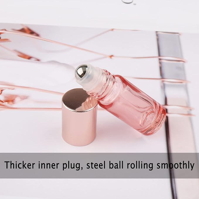 10Pcs 5ml Glass Roller Bottles for Essential Oils, 1/6 oz Refillable Roll on Vials with Funnels, Small Containers with Stainless Steel Ball for Perfumes Aromatherapy Liquid, Rose Gold
