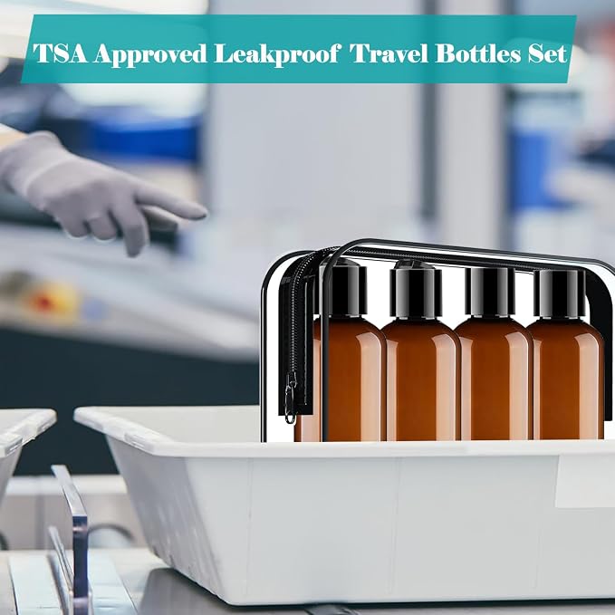 Moonlik Toiletry Travel Bottles, 4Pack 3.4oz/100ml - Squeezable Plastic Containers with Flip Caps - Refillable Cosmetic Kit for Shampoo, Conditioner, Lotion, and Travel Essential- Brown