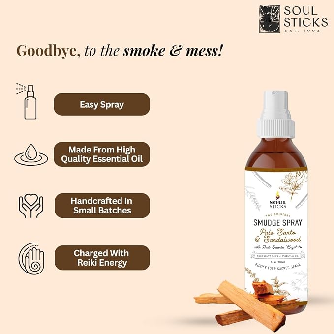 SOUL STICKS Palo Santo & Sandalwood Smudge Spray For Cleansing and Negative Energy | 3.5oz Palo Santo Spray with Real Quartz Crystals | Sage Room Spray for Spiritual Cleansing and Purifying Home Car
