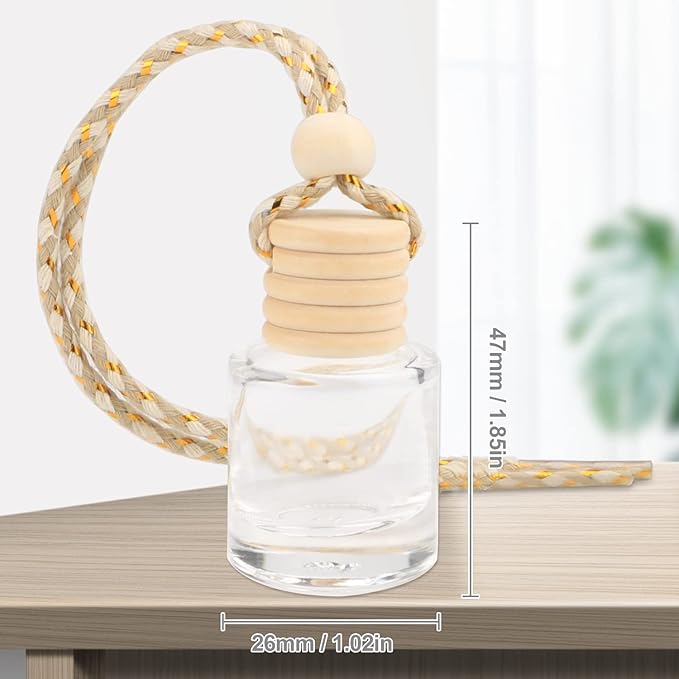 20 Pcs 8ml Hanging Car Air Freshener Diffuser,Empty Clear Glass Essential Diffuser Oil Aromatherapy Fragrance Perfume Pendant Glass Vials with Wooden Caps & Hanging String,Cylindrical