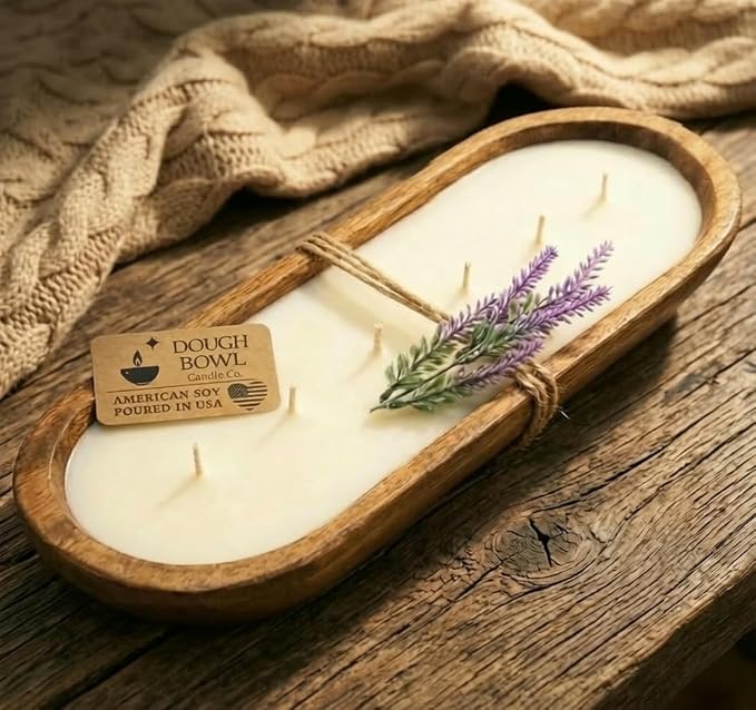 Dough Bowl Candle Co. Wooden Bowl Candle - 32 Oz. 17x5x2 6-Wick Large Lavender Soy Candles for Home Scented, Long Lasting Aromatherapy for Women and Men with Up to 80H Burn Time, Decoration Gifts
