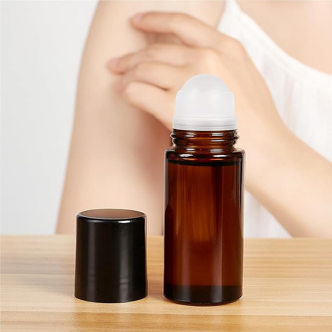 4Packs 50ml/1.76Oz Amber Glass Roller Bottles Refillable Roll On Containers with Plastic Roller Ball & Black Cap Leak-Proof Empty Essential Oil Bottles for DIY Perfume, Massage Oil, Aromatherapy