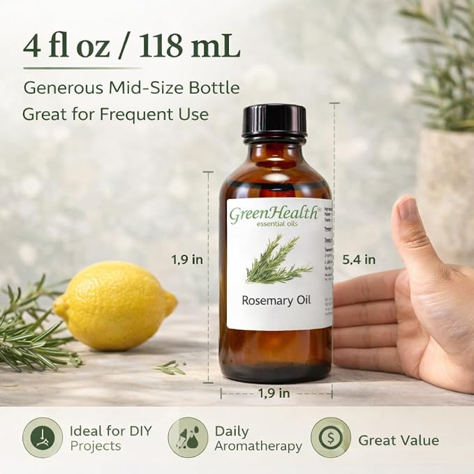 GreenHealth Rosemary Essential Oil 4 fl oz – 100% Pure & Natural – Undiluted Steam Distilled Aromatherapy Oil – Amber Glass Bottle for Diffuser, Candle Making, DIY & Home Fragrance