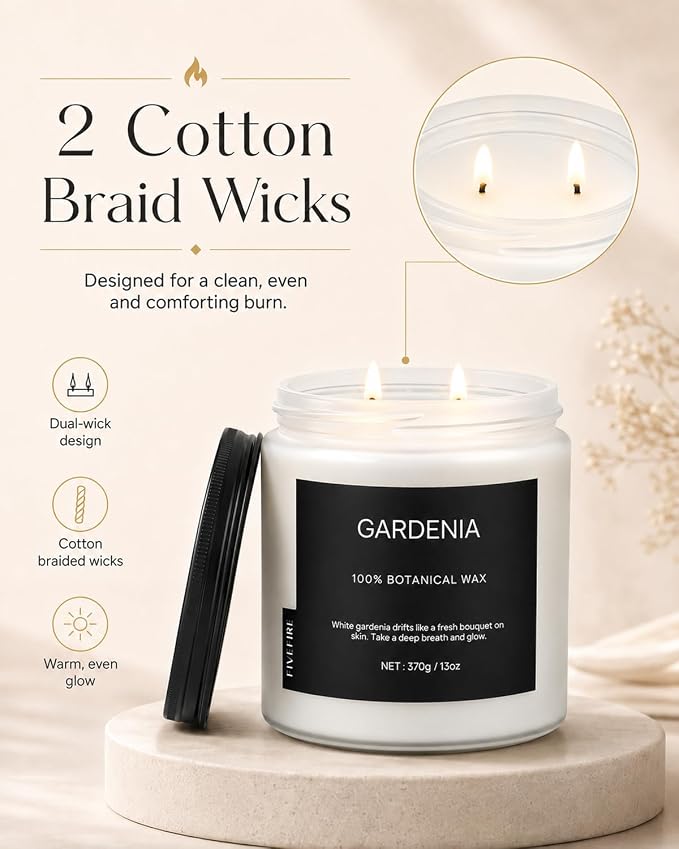 Gardenia Home Scented Candles, 13oz Organic Soy Wax, 76-Hour Clean Burning, Natural Candles Non Toxic, White Floral Scent for Relaxation, Aromatherapy Housewarming Candle for Men Women