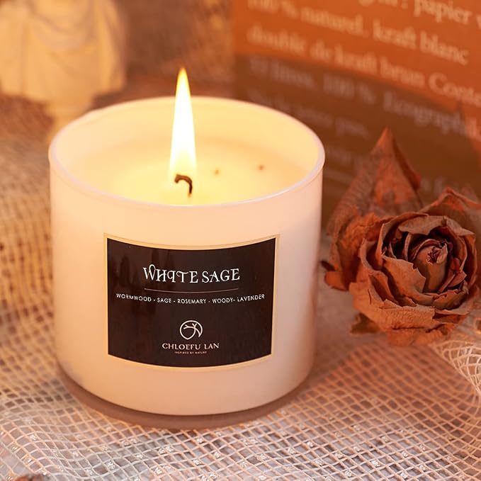White Sage Candle for House Energy Cleansing and Chakra Healing-Relaxing Soy Scented Candles Gift for Women 7.1oz|45 Hour Long Lasting Glass Jar Candle Stress Relief