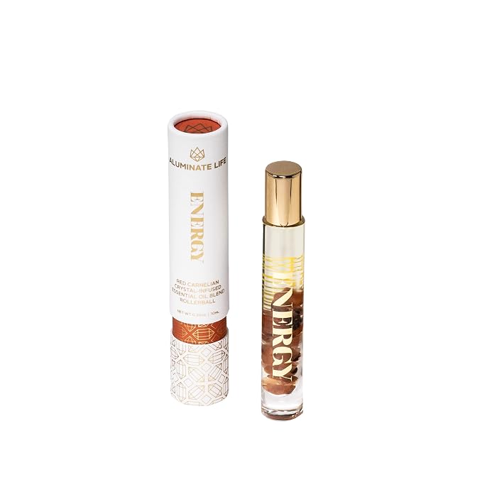 Essential Oil Rollerballs, .34 OZ, Energy - Red Carnelian Crystal Infused - Scents of Lemon, Grapefruit, & Bergamot - Aromatherapy Roll On Oils, Skin Care, Massage