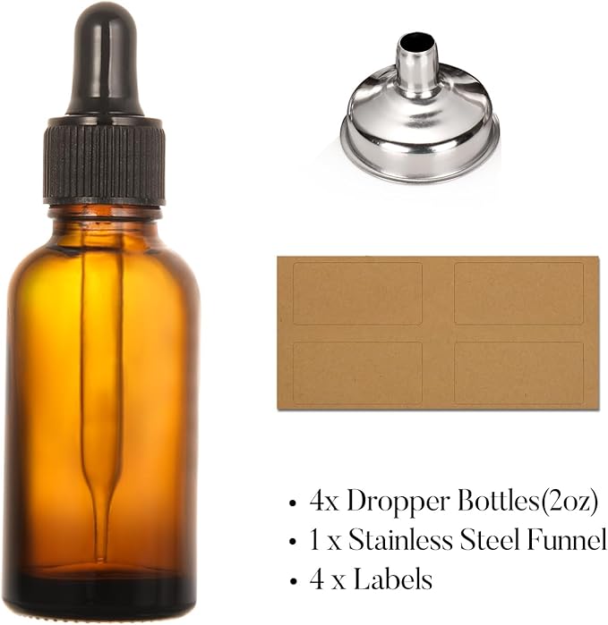 4 Pack, 2 oz Bottles with Dropper & 1 Funnel & 4 Labels - Essential Oils Bottles for Health, Personal Care & Beauty - 60ml Thick Dark Amber Glass Tincture Bottles, Refillable Cosmetic Containers