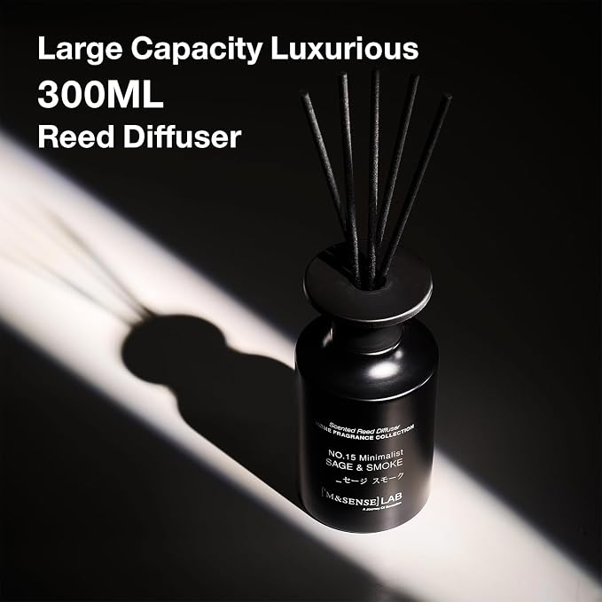 M&SENSE Minimalist Large Reed Diffuser 300ml, Sage & Smoke Scented with Natural Essential Oils, Long Lasting with 7 Sticks, Non-Toxic Home Fragrance for Bedroom, Bathroom Decor