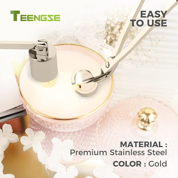 Gold Candle Snuffer and Wick Trimmer, Stainless Steel Polished Candle Accessory Set with Long Handle Candle Extinguisher for Candle Lover and Family That Likes to Use Candles