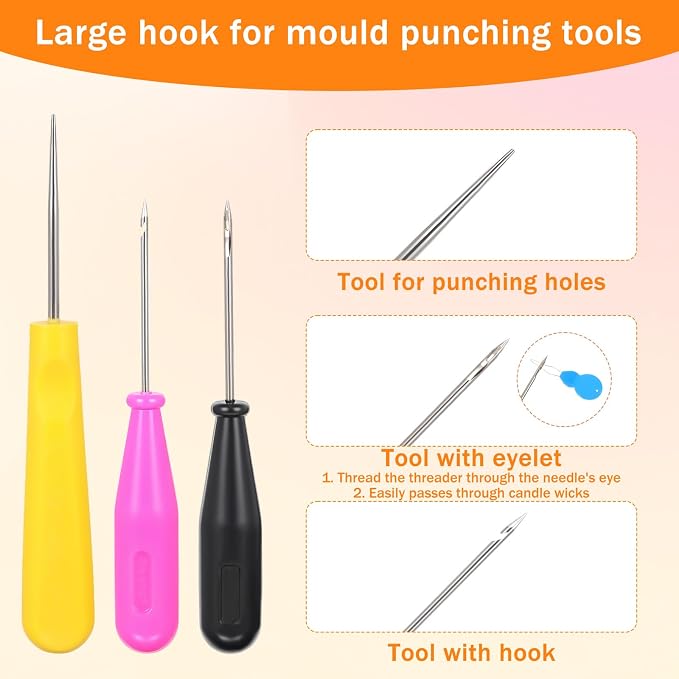 10 Pcs Candle Needle Kit, Mold Punch with Hook, Large Eye Wicking Needle, Threader for All Thickness Candle Making