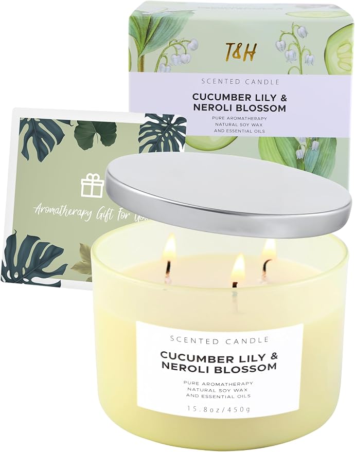 Cucumber Lily & Neroli 3-Wick Soy Floral Scented Candle for Women, 15.8oz | Orange Blossom & Citrus Notes, Aromatherapy, Large Jar, Clean Burn, Home, Bath & Bedroom, Gift for Her, Housewarming