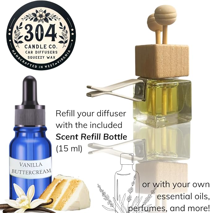 Cute Refillable Car Air Freshener Vent Clip 8mL – Vanilla Buttercream – 15mL Refill Included – Long Lasting Fragrance Oil Diffuser – 100% American Handmade Odor Eliminator