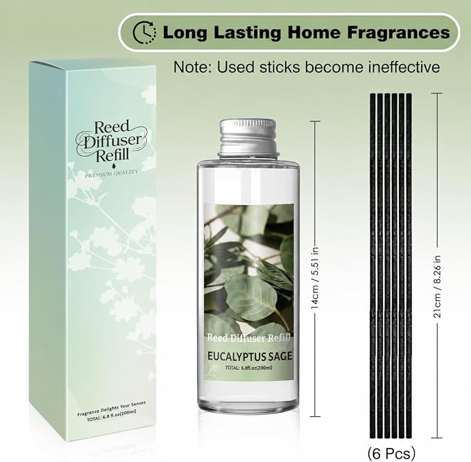 SCENTORINI Reed Diffuser Oil Refill, Eucalyptus Sage Diffuser Oil 6.76 Fl Oz, Natural Scented Essential Oil Refill Long Lasting Summer Home Fragrance for Room Spa Aromatherapy Bathroom Home Decor