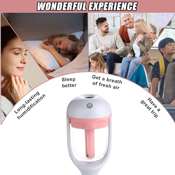 Car Humidifier, Portable Mini Aromatherapy Essential Oil Diffuser, 180-Degree Rotation Cool Mist Humidifier, Vehicle Air Freshener Diffuser with 12V Charging Port for Home Office (Pink)