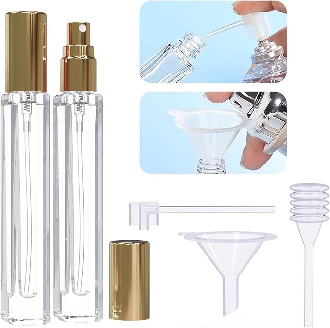 5PCS Cologne Atomizer Empty, 10ML Mini Perfume Bottles Refillable With Dispenser Tools, Pocket Spray Bottle for Travel and Sample Container (Transparent+Golden Cap)