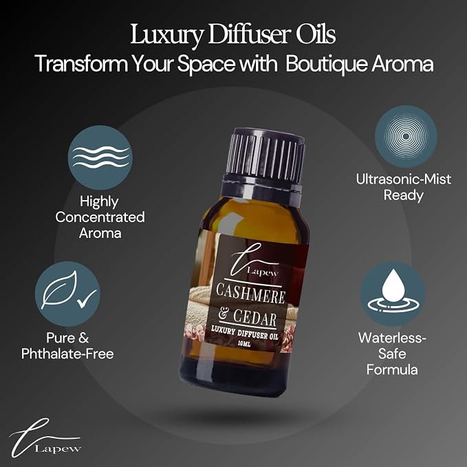 Lapew Cashmere & Cedar Waterless Diffuser Oil | Fragrance Oil for Nebulizer & Cold Air Diffusers | Scented Home Oil | 0.34 fl oz