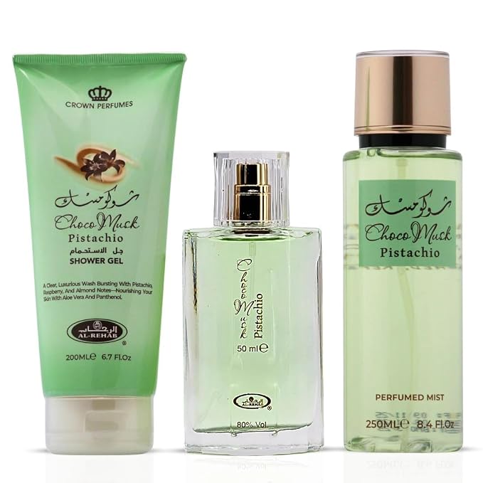 Al-Rehab Choco Musk Pistachio 3-Piece Gift Set – Eau de Parfum 50ml + Shower Gel 200ml + Body Mist 250ml – Pistachio & Vanilla Unisex Collection