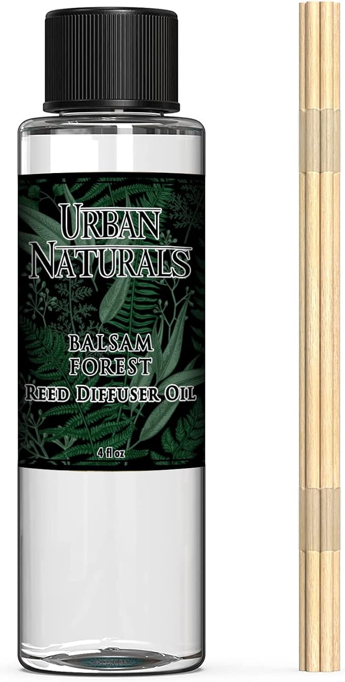 Urban Naturals Balsam Forest Oil Reed Diffuser Refill + Free Set of Reed Sticks - Fragrance Notes of Pine Fir Needles, Evergreen, Woodsy Cedar and Sandalwood – Vegan, 4 oz Made in the USA