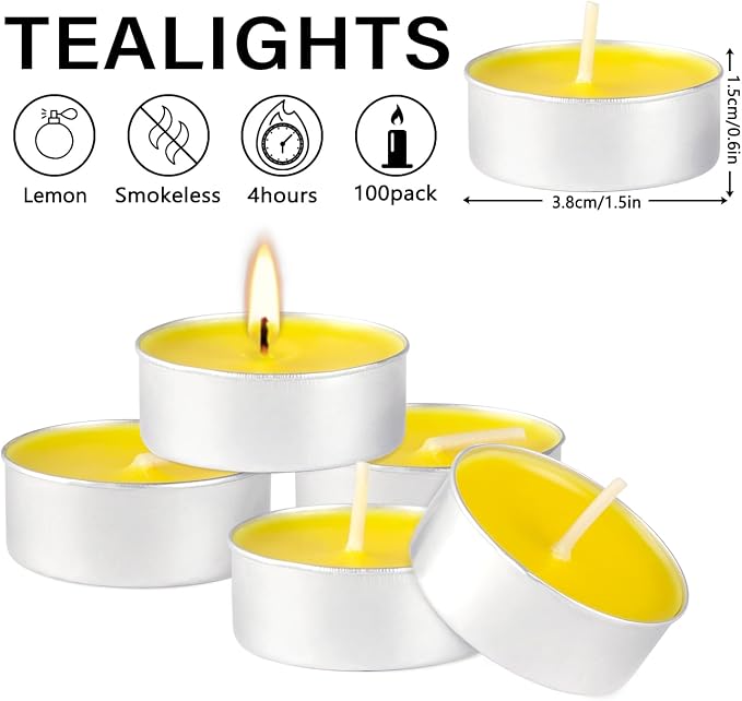 100 Pack Scented Tealight Candles - 4 Hours Burning Lemon Aromatherapy | Valentine's Day Romantic Dinner & New Year Home Decor, Yellow Votive Candles for Wedding, Holiday Gift & Emergency (Yellow)