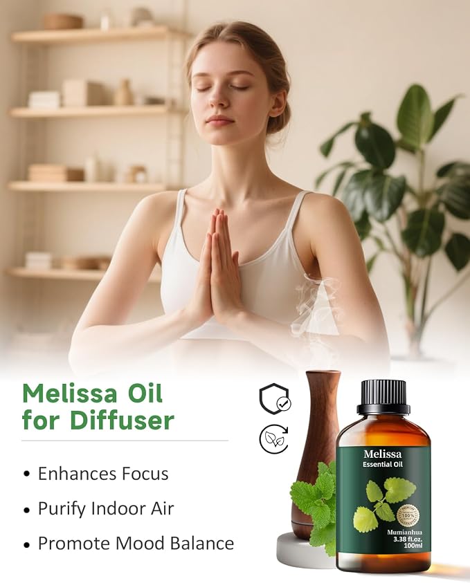 Melissa Essential Oil, Pure Melissa Oil Mumianhua Lemon Balm Oil, Uplifting Citrus-Herb Scent for Diffuser, Skin, Hair & Personal Care, 3.38 Fl Oz