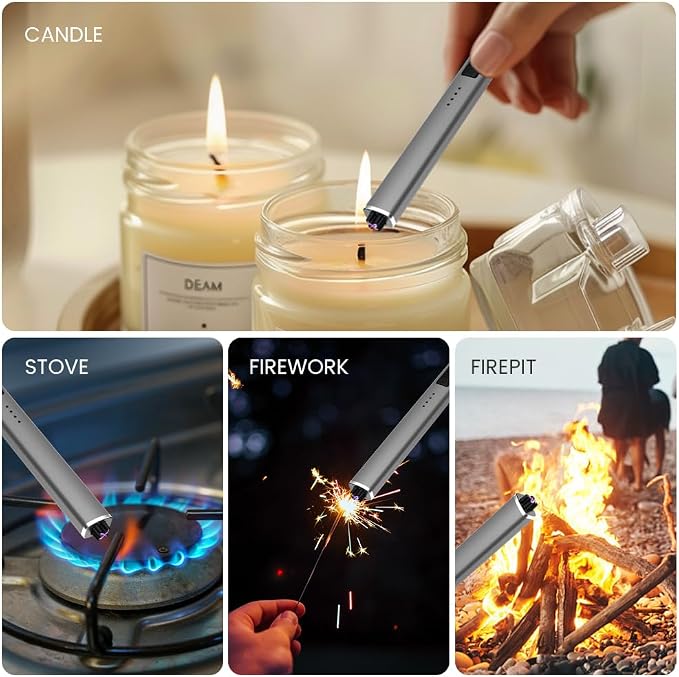 Windproof Flameless Long Candle Lighter with Dual Arc, USB Rechargeable Lighter for Candles, Grill and Fireworks