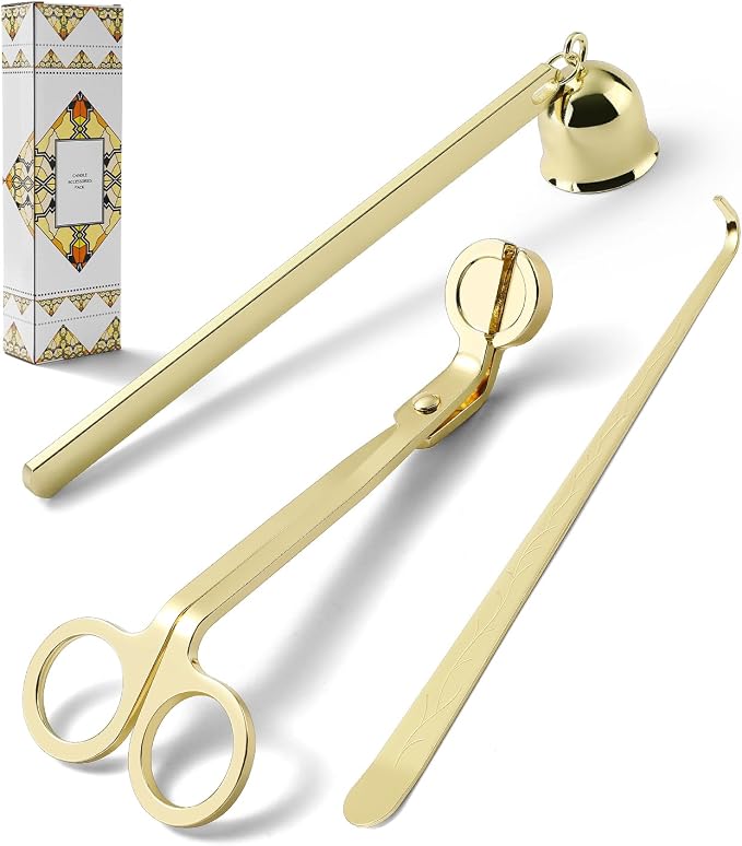 PATOISE 3 in 1 Candle Snuffer Set, Candle Wick Trimmer Cutter Mini, Candle Accessory, Candle Wick Dipper, for Candle Aromatherapy Lovers(3PCS Gold)