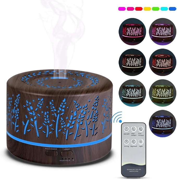 Essential Oil Aromatherapy Diffuser - 500ml Humidifier with Timer and Auto-Off Safety Switch - 7 Colors Lights - Ultrasonic Cool Mist Essential Oil Diffuser for Home Office Room (Grey)