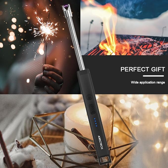 ARECTECH Candle Electric Lighter Rechargeable USB Arc Lighter for Candle Camping Fireworks Christmas Birthday Gifts with LED Light for Men Women Black
