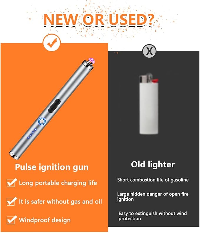 Electric Lighter Rechargeable Plasma Flameless USB Lighter with Safety Lock Dual Arc LED Display for Candle Grill Kitchen Camping (Silver)