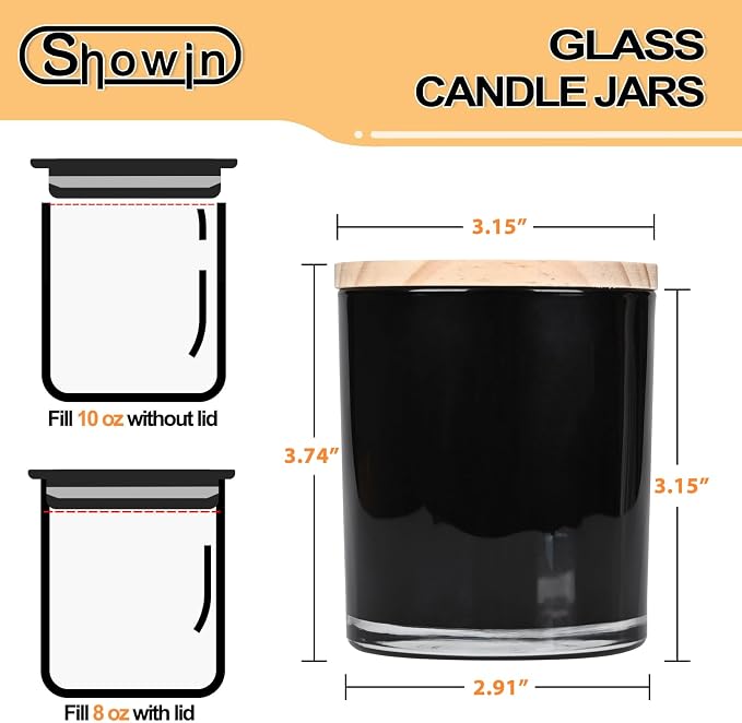 SHOWIN 10 OZ Thick Candle Jars for Making Candles 15 Pcs, Empty Jars with Wood Lids for Candle Making, Sample Container, Inner Black
